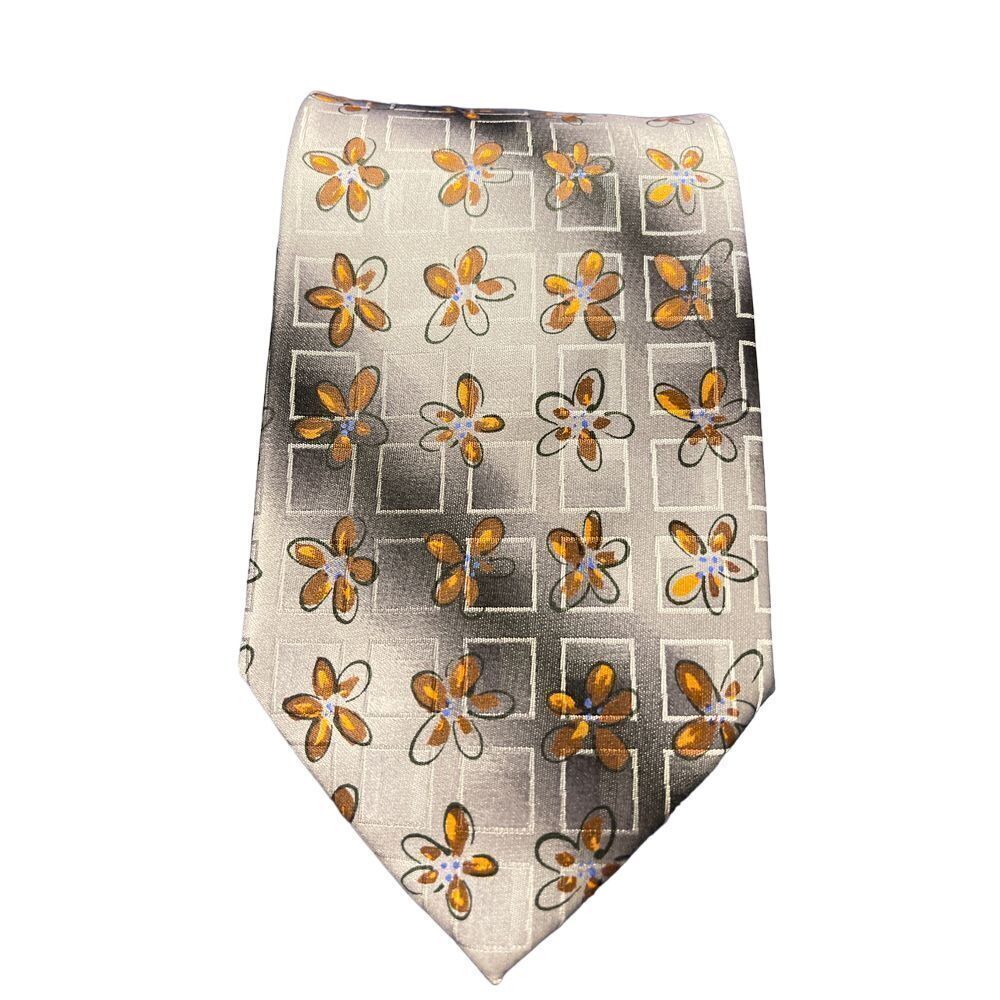 Ermenegildo Zegna Floral Silk Tie‎ Gray Orange Geometric Pattern Elegant Z-116